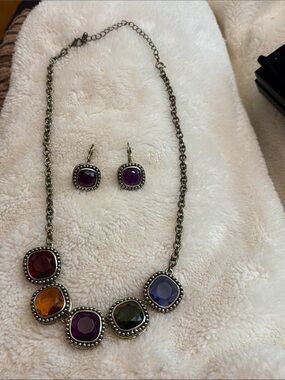 Multi-Color Stones/glass Statement Necklace & Pierced  Earring Set New Old Stock